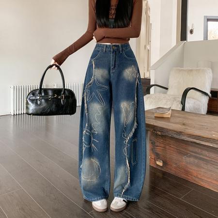 FA49165# 美式复古设计感阔腿牛仔裤女秋季新款刺绣做旧毛边裤子 服裝批發女裝批發服飾貨源