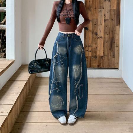 FA49165# 美式复古设计感阔腿牛仔裤女秋季新款刺绣做旧毛边裤子 服裝批發女裝批發服飾貨源