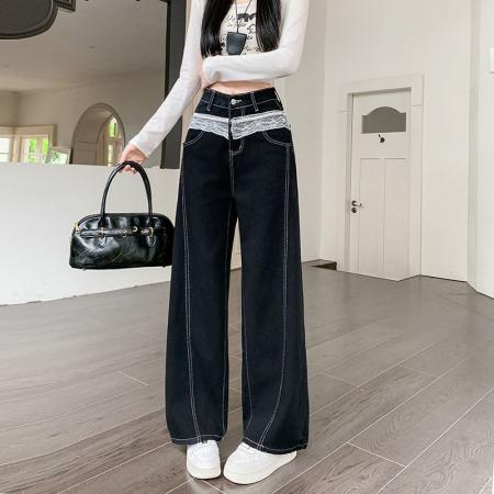 FA49166# 设计感美式复古蕾丝花边拼接牛仔裤女街头显瘦黑色长裤 服裝批發女裝批發服飾貨源