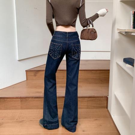 FA49167# 美式复古辣妹不规则重工钉珠牛仔裤女直筒显瘦长裤子潮 服裝批發女裝批發服飾貨源