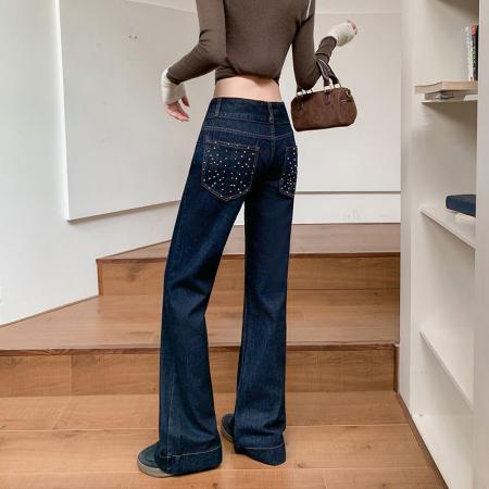 FA49167# 美式复古辣妹不规则重工钉珠牛仔裤女直筒显瘦长裤子潮 服裝批發女裝批發服飾貨源
