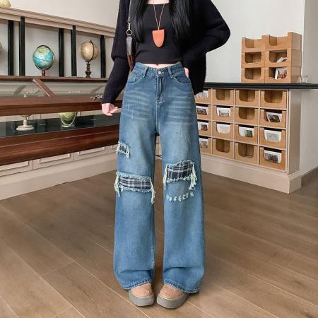 FA49168# 复古格纹拼接牛仔裤女新款高腰显瘦宽松假破洞阔腿裤子 服裝批發女裝批發服飾貨源