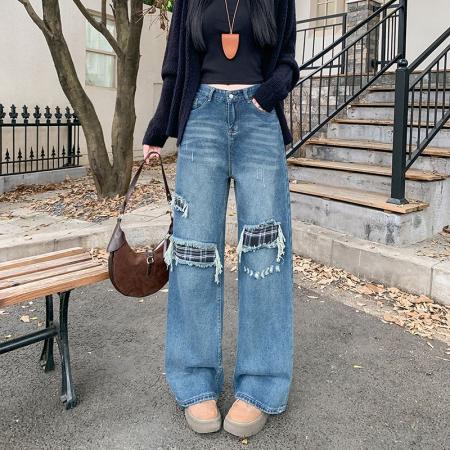 FA49168# 复古格纹拼接牛仔裤女新款高腰显瘦宽松假破洞阔腿裤子 服裝批發女裝批發服飾貨源