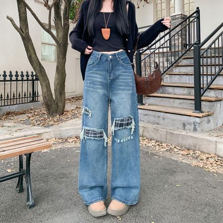 FA49168# 复古格纹拼接牛仔裤女新款高腰显瘦宽松假破洞阔腿裤子 服裝批發女裝批發服飾貨源