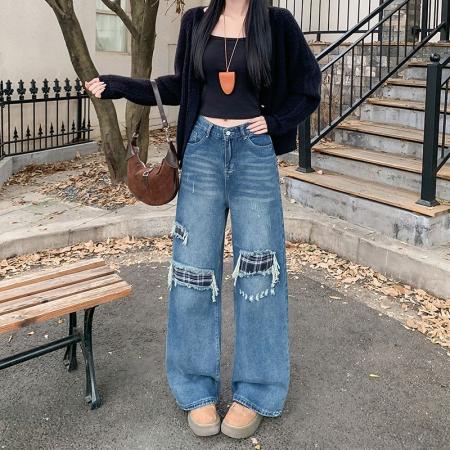 FA49168# 复古格纹拼接牛仔裤女新款高腰显瘦宽松假破洞阔腿裤子 服裝批發女裝批發服飾貨源