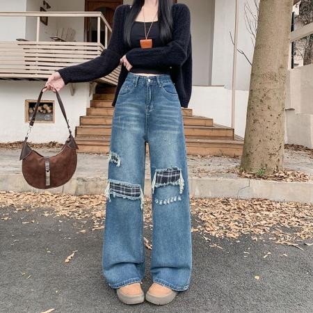 FA49168# 复古格纹拼接牛仔裤女新款高腰显瘦宽松假破洞阔腿裤子 服裝批發女裝批發服飾貨源