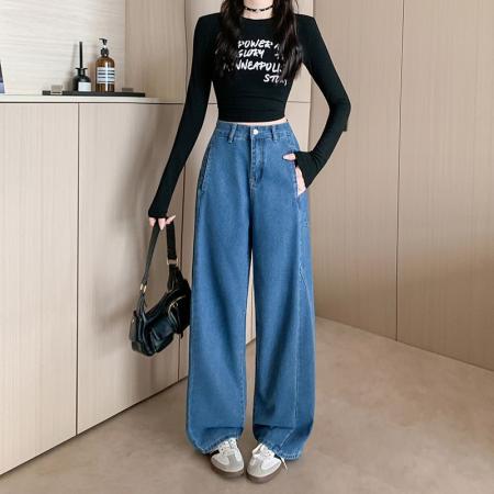 FA49169# 美式复古阔腿牛仔裤女秋季新款显瘦宽松拖地弯刀牛仔裤 服裝批發女裝批發服飾貨源