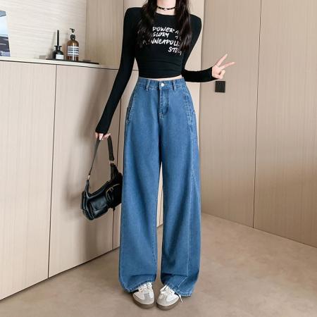 FA49169# 美式复古阔腿牛仔裤女秋季新款显瘦宽松拖地弯刀牛仔裤 服裝批發女裝批發服飾貨源