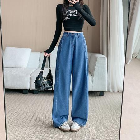 FA49169# 美式复古阔腿牛仔裤女秋季新款显瘦宽松拖地弯刀牛仔裤 服裝批發女裝批發服飾貨源