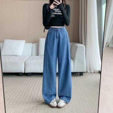 FA49169# 美式复古阔腿牛仔裤女秋季新款显瘦宽松拖地弯刀牛仔裤 服裝批發女裝批發服飾貨源