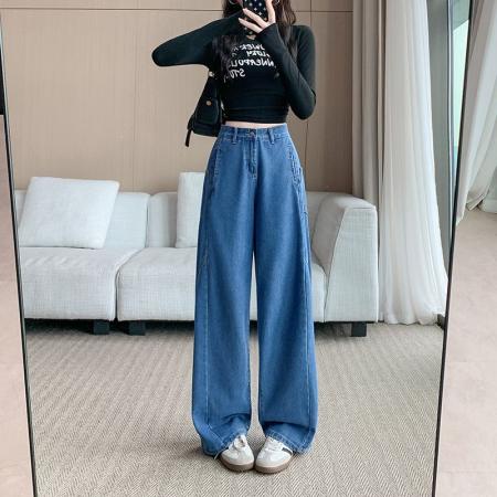 FA49169# 美式复古阔腿牛仔裤女秋季新款显瘦宽松拖地弯刀牛仔裤 服裝批發女裝批發服飾貨源