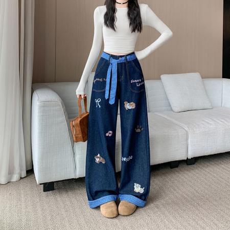 FA49170# 刺绣卷边牛仔裤女秋季新款可爱小狗格子蝴蝶结直筒裤子 服裝批發女裝批發服飾貨源