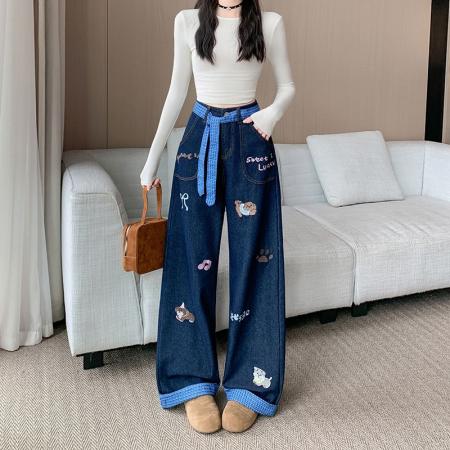 FA49170# 刺绣卷边牛仔裤女秋季新款可爱小狗格子蝴蝶结直筒裤子 服裝批發女裝批發服飾貨源