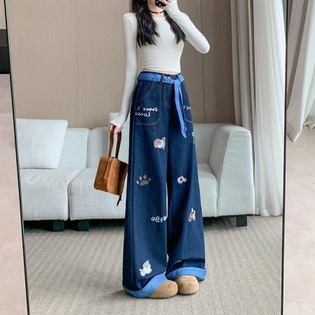 FA49170# 刺绣卷边牛仔裤女秋季新款可爱小狗格子蝴蝶结直筒裤子 服裝批發女裝批發服飾貨源