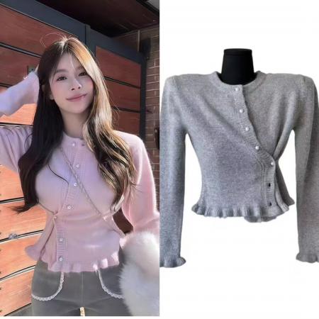 FA49171# 东大门定制甜美风错扣不规则毛针织开衫上衣 服裝批發女裝批發服飾貨源