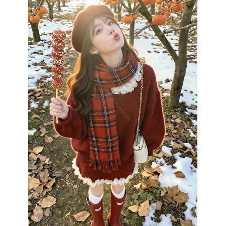 FA49172# 氛围感穿搭圣诞红色花边领针织毛衣短裙两件套女秋冬新款时尚套装 服裝批發女裝批發服飾貨源