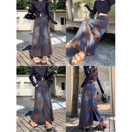 FA49173# 雪尼尔加绒提花植物高腰直筒牛仔裙女冬季新款大码百搭A字裙 服裝批發女裝批發服飾貨源