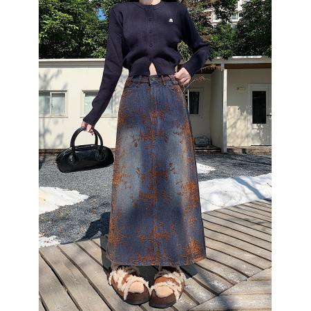 FA49173# 雪尼尔加绒提花植物高腰直筒牛仔裙女冬季新款大码百搭A字裙 服裝批發女裝批發服飾貨源