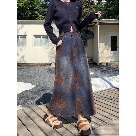 FA49173# 雪尼尔加绒提花植物高腰直筒牛仔裙女冬季新款大码百搭A字裙 服裝批發女裝批發服飾貨源