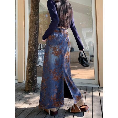 FA49173# 雪尼尔加绒提花植物高腰直筒牛仔裙女冬季新款大码百搭A字裙 服裝批發女裝批發服飾貨源