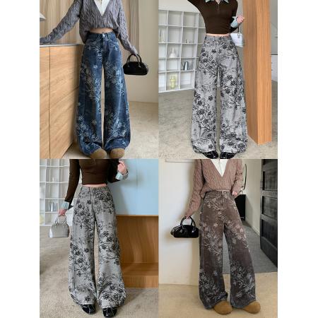 FA49174# 植绒雪尼尔加厚阔腿牛仔裤女秋冬水洗高腰宽松直筒拖地 服裝批發女裝批發服飾貨源