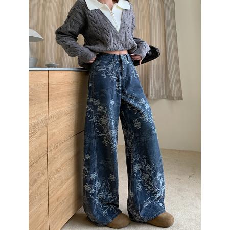 FA49174# 植绒雪尼尔加厚阔腿牛仔裤女秋冬水洗高腰宽松直筒拖地 服裝批發女裝批發服飾貨源