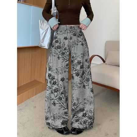 FA49174# 植绒雪尼尔加厚阔腿牛仔裤女秋冬水洗高腰宽松直筒拖地 服裝批發女裝批發服飾貨源