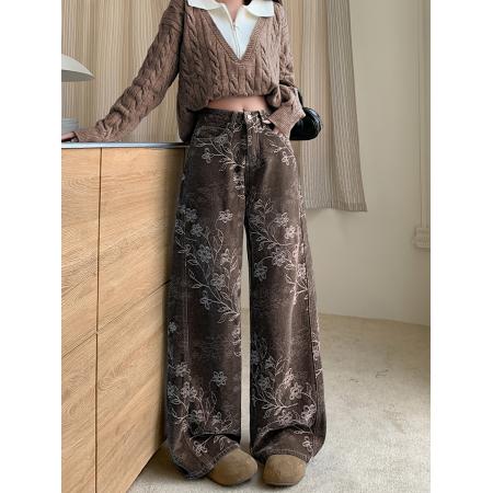 FA49174# 植绒雪尼尔加厚阔腿牛仔裤女秋冬水洗高腰宽松直筒拖地 服裝批發女裝批發服飾貨源