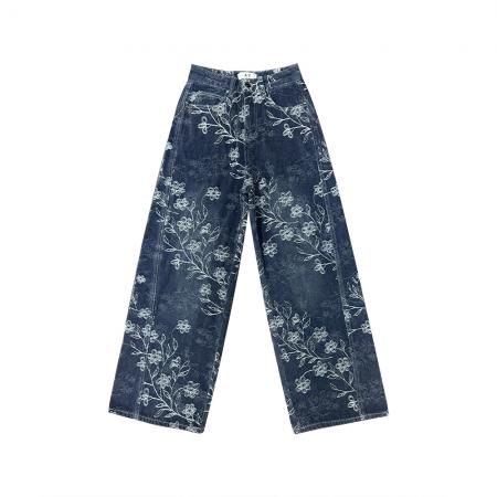 FA49174# 植绒雪尼尔加厚阔腿牛仔裤女秋冬水洗高腰宽松直筒拖地 服裝批發女裝批發服飾貨源