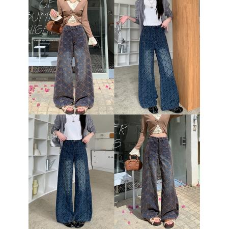 FA49175# 加厚雪尼尔植绒菱形格牛仔裤秋冬新款高腰直筒宽松阔腿长裤 服裝批發女裝批發服飾貨源