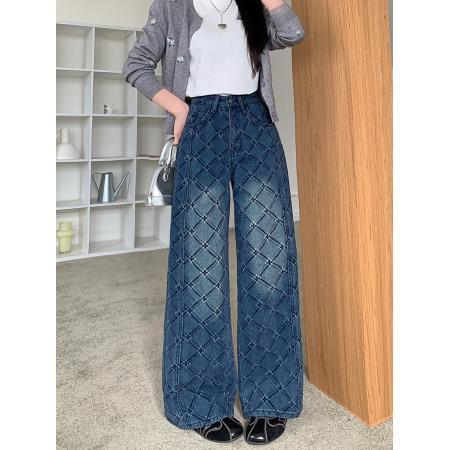 FA49175# 加厚雪尼尔植绒菱形格牛仔裤秋冬新款高腰直筒宽松阔腿长裤 服裝批發女裝批發服飾貨源