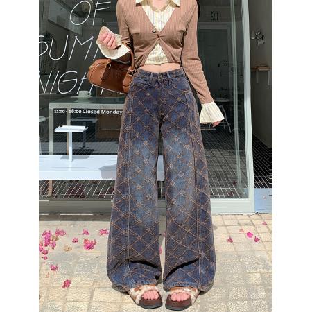 FA49175# 加厚雪尼尔植绒菱形格牛仔裤秋冬新款高腰直筒宽松阔腿长裤 服裝批發女裝批發服飾貨源