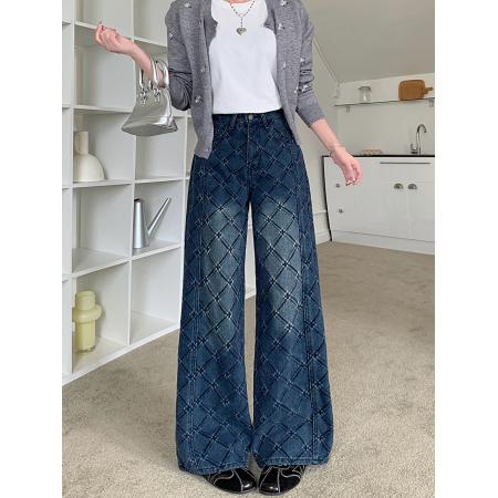 FA49175# 加厚雪尼尔植绒菱形格牛仔裤秋冬新款高腰直筒宽松阔腿长裤 服裝批發女裝批發服飾貨源