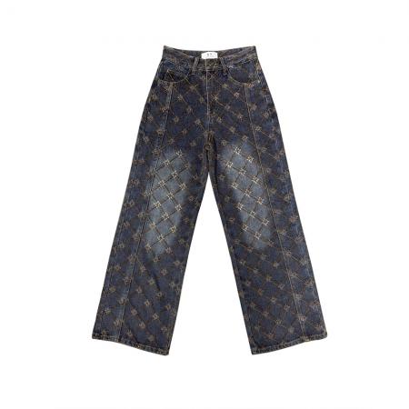 FA49175# 加厚雪尼尔植绒菱形格牛仔裤秋冬新款高腰直筒宽松阔腿长裤 服裝批發女裝批發服飾貨源