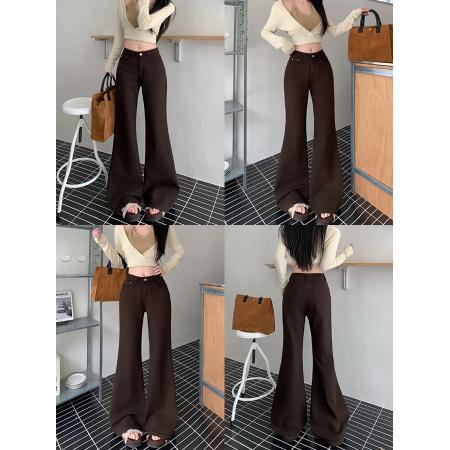 FA49176# 咖啡微喇叭牛仔裤女秋冬新款水洗高腰显瘦显高喇叭裤子 服裝批發女裝批發服飾貨源