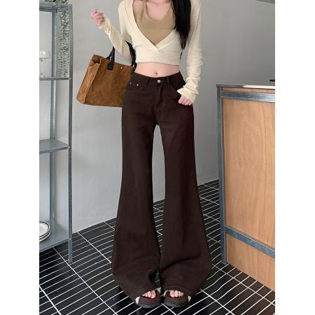 FA49176# 咖啡微喇叭牛仔裤女秋冬新款水洗高腰显瘦显高喇叭裤子 服裝批發女裝批發服飾貨源