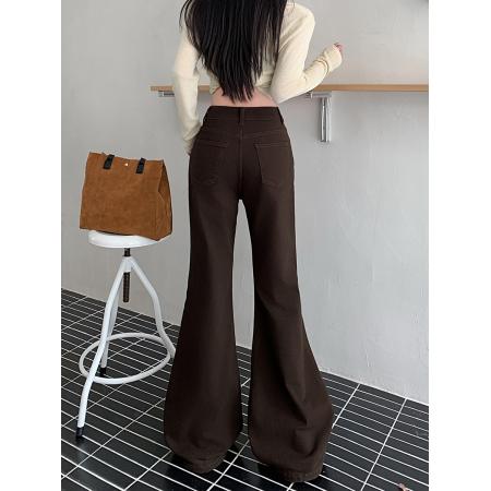 FA49176# 咖啡微喇叭牛仔裤女秋冬新款水洗高腰显瘦显高喇叭裤子 服裝批發女裝批發服飾貨源