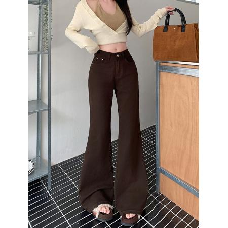 FA49176# 咖啡微喇叭牛仔裤女秋冬新款水洗高腰显瘦显高喇叭裤子 服裝批發女裝批發服飾貨源