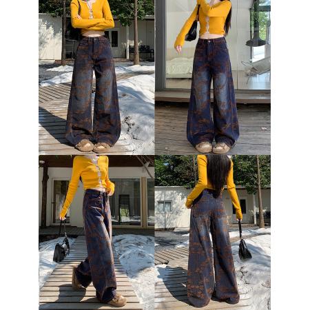 FA49177# 雪尼尔提花牛仔裤水洗垂感绒感复古宽松直筒阔腿拖地长裤潮 服裝批發女裝批發服飾貨源
