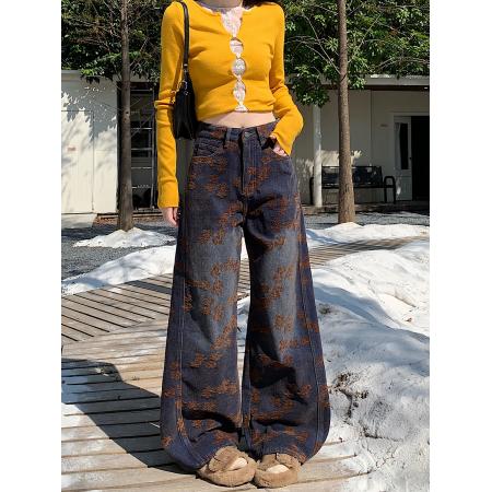 FA49177# 雪尼尔提花牛仔裤水洗垂感绒感复古宽松直筒阔腿拖地长裤潮 服裝批發女裝批發服飾貨源