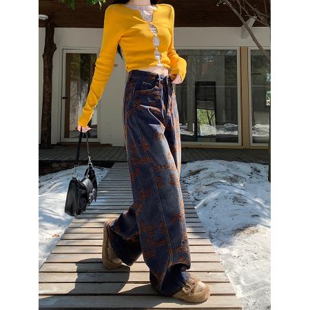 FA49177# 雪尼尔提花牛仔裤水洗垂感绒感复古宽松直筒阔腿拖地长裤潮 服裝批發女裝批發服飾貨源