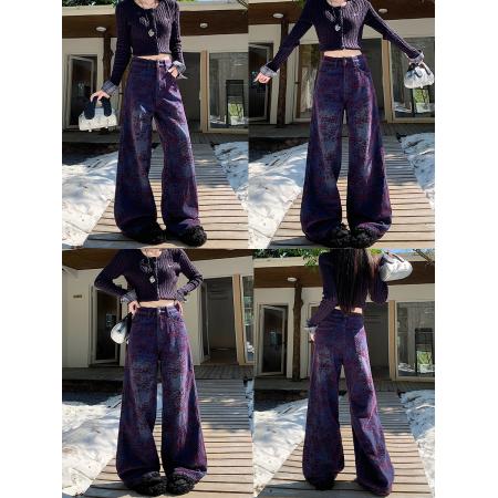 FA49178# 加厚雪尼尔植绒紫色花纹牛仔裤秋冬款高腰直筒宽松阔腿长裤 服裝批發女裝批發服飾貨源