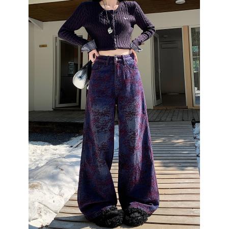 FA49178# 加厚雪尼尔植绒紫色花纹牛仔裤秋冬款高腰直筒宽松阔腿长裤 服裝批發女裝批發服飾貨源