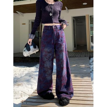 FA49178# 加厚雪尼尔植绒紫色花纹牛仔裤秋冬款高腰直筒宽松阔腿长裤 服裝批發女裝批發服飾貨源