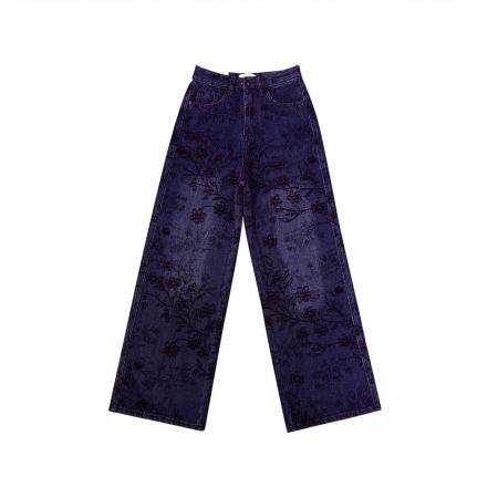 FA49178# 加厚雪尼尔植绒紫色花纹牛仔裤秋冬款高腰直筒宽松阔腿长裤 服裝批發女裝批發服飾貨源