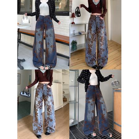 FA49179# 雪尼尔植绒提花牛仔裤女秋冬新款高腰直筒裤子宽松阔腿长裤潮 服裝批發女裝批發服飾貨源