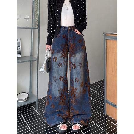 FA49179# 雪尼尔植绒提花牛仔裤女秋冬新款高腰直筒裤子宽松阔腿长裤潮 服裝批發女裝批發服飾貨源