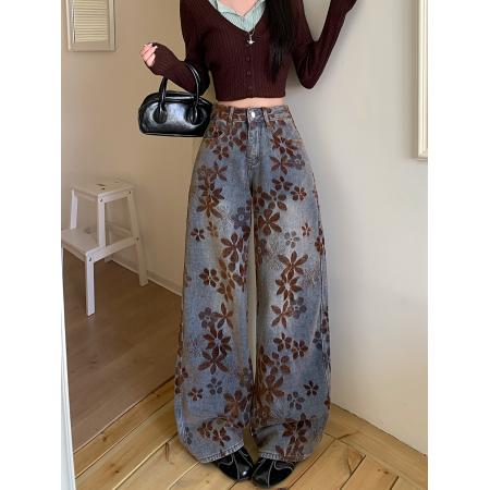 FA49179# 雪尼尔植绒提花牛仔裤女秋冬新款高腰直筒裤子宽松阔腿长裤潮 服裝批發女裝批發服飾貨源