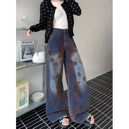 FA49179# 雪尼尔植绒提花牛仔裤女秋冬新款高腰直筒裤子宽松阔腿长裤潮 服裝批發女裝批發服飾貨源