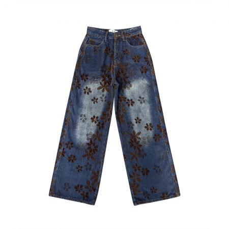 FA49179# 雪尼尔植绒提花牛仔裤女秋冬新款高腰直筒裤子宽松阔腿长裤潮 服裝批發女裝批發服飾貨源